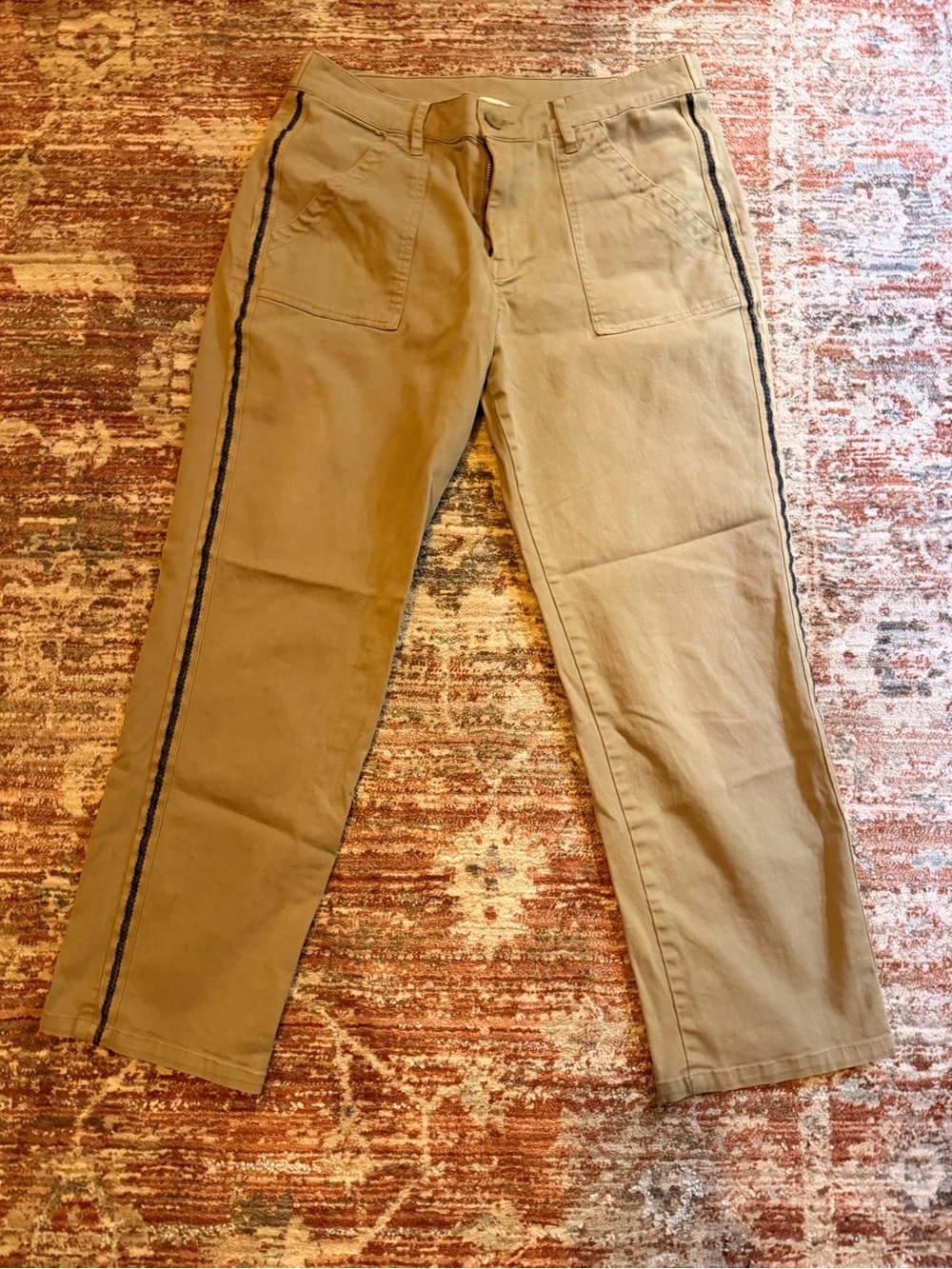 Lucky Brand Tan Straight-Leg Pants with Navy Blue Side Stitch